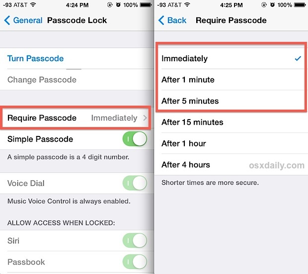 Требовать код доступа сразу или через минуту, чтобы использовать устройство iOS