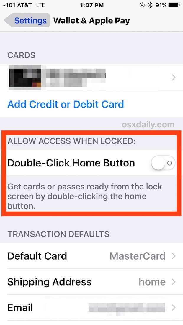 Включение или отключение ярлыка доступа Apple Pay от экрана блокировки