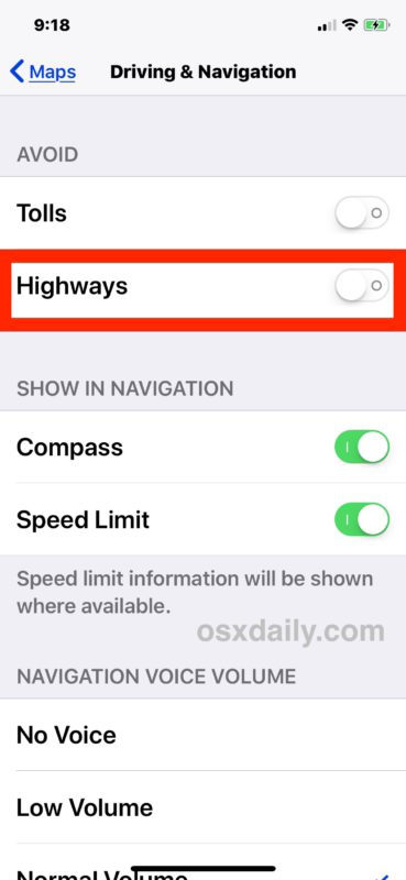 Избегайте автодорог в настройках Карт iOS