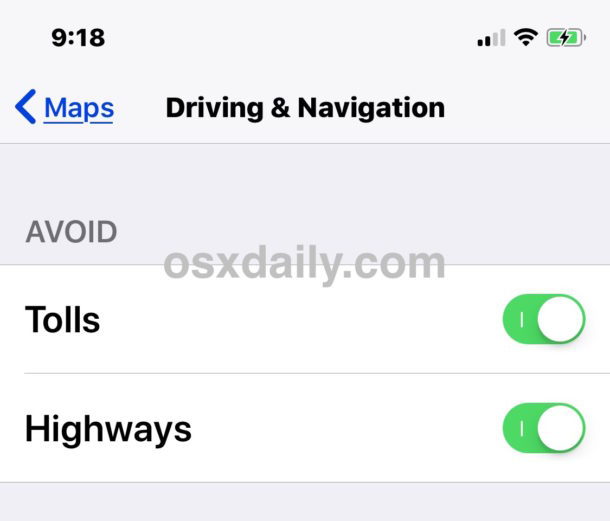 Настройка iOS для карт, чтобы избежать шоссейных дорог