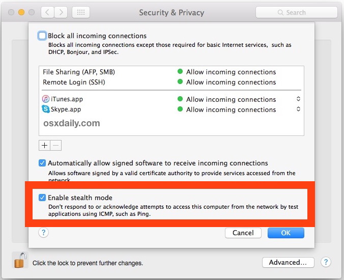 Включить брандмауэр Stealth Mode в Mac OS X для скрытия в сетях