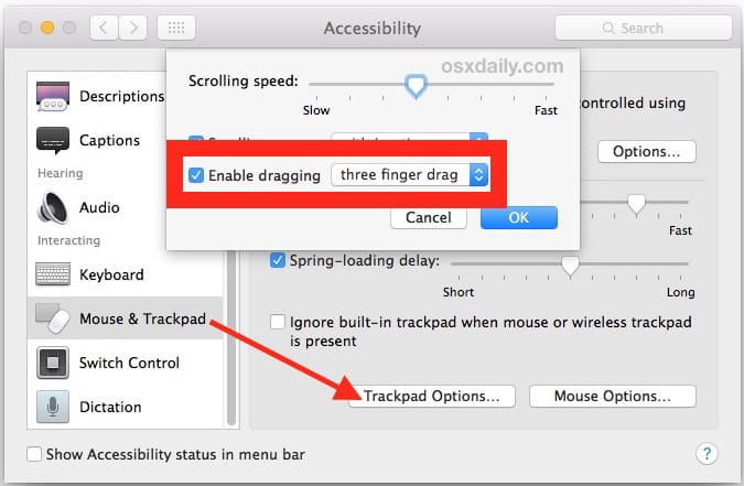 Включить три жесты перетаскивания пальцев в Mac OS X Trackpad