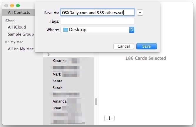 Экспорт всех контактов в виде файла VCF vcard в Mac OS X
