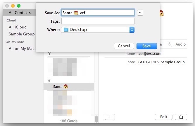 Экспорт одного контакта из приложения «Контакты Mac» в OS X