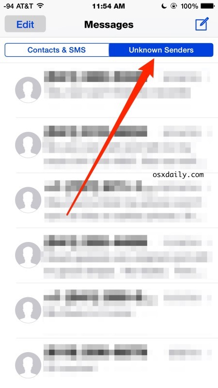 Неизвестный отправитель окна сообщений в iOS, отфильтрован из контактов