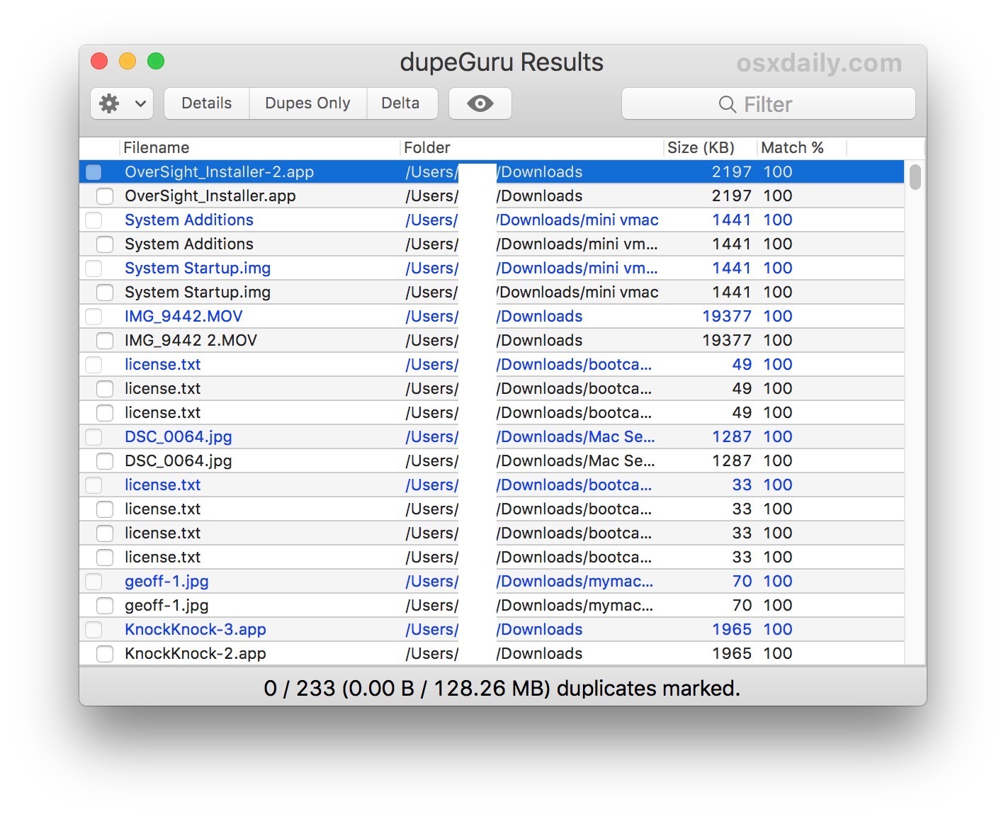 Дублированные файлы, найденные на Mac с помощью DupeGuru