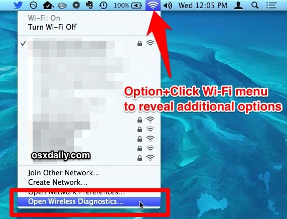 Опция - щелкните меню Wi-Fi для доступа к инструменту Wireless Diagnostics в Mac OS X