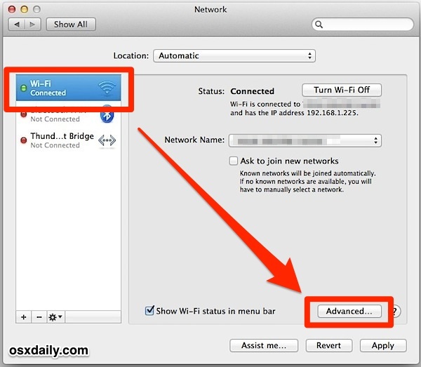 Перейти к Расширенные настройки Wi-Fi в Mac OS X