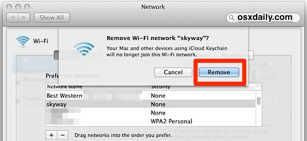 Удалите Wi-Fi-маршрутизатор из Mac OS X