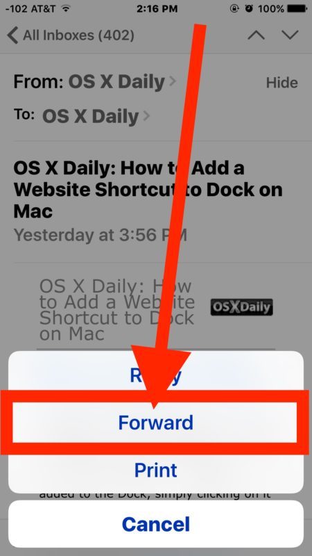 Нажмите на опцию FORWARD для пересылки электронной почты в iOS