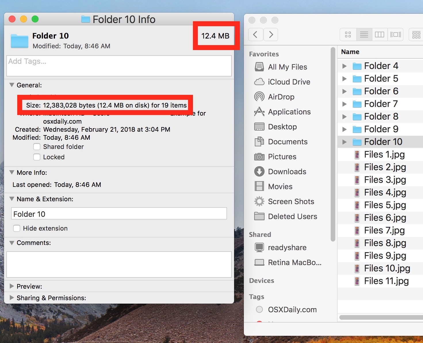 См. Размер файла и папки в Finder Mac OS с информацией о получении