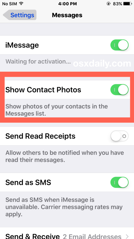 Скрыть и показать контакт Фото в приложении «Сообщения» для iOS