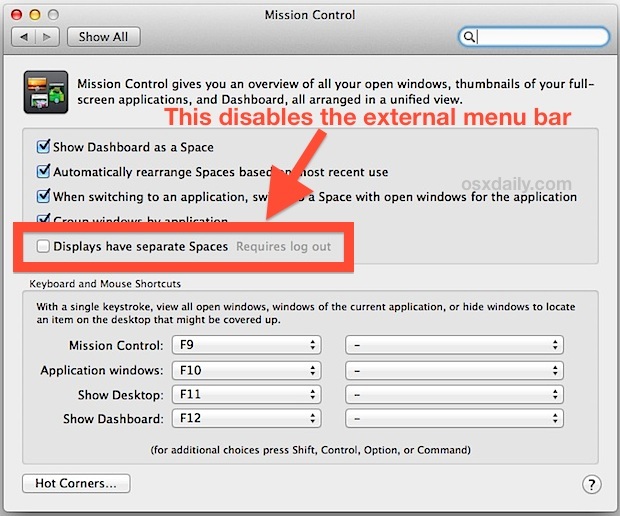 Скрыть панель меню с внешних дисплеев в Mac OS X