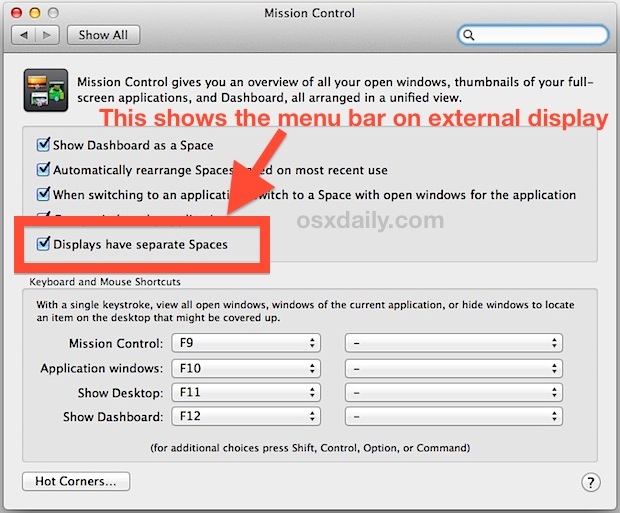 Показать панель меню на внешних дисплеях в Mac OS X