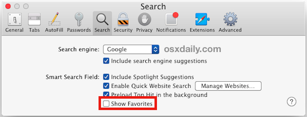 Отключите иконки закладки в Mac OS X Safari