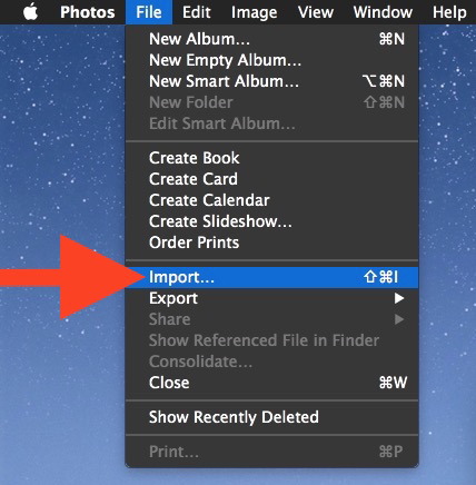 Выберите пункт меню «Импорт» в приложении «Фотографии» для OS X