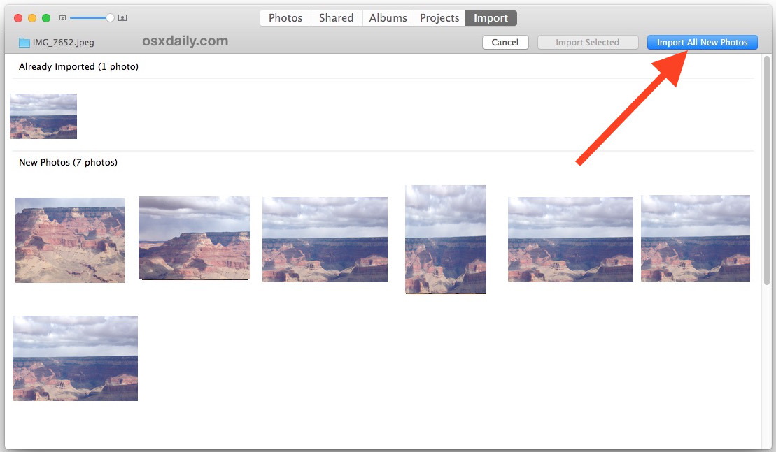 Импорт всех новых выбранных изображений в приложение «Фотографии» в Mac OS X