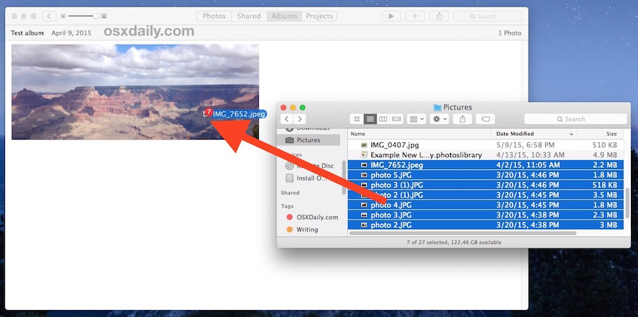 Перетащите изображения в приложение «Фотографии», чтобы импортировать непосредственно в альбом в приложении Mac OS X Photos