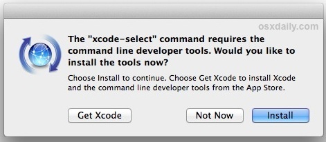 Подтвердите установку инструментов командной строки в Mac OS X