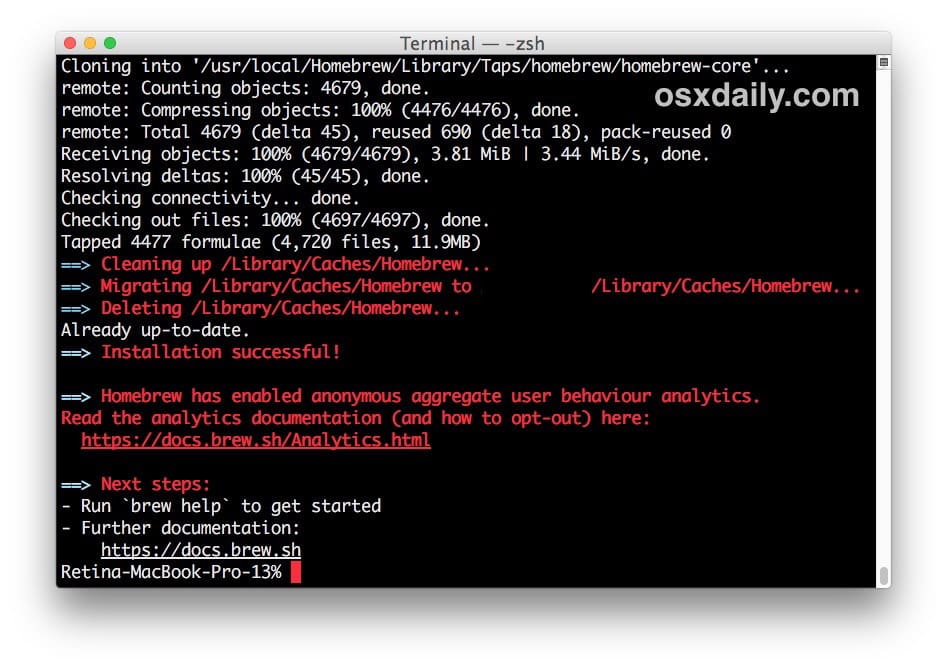 Homebrew успешно установлен на Mac