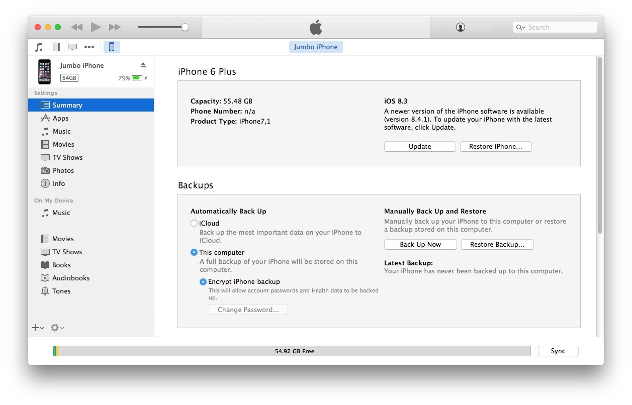 Опция iTunes Нажмите кнопку «Обновить», чтобы обновить прошивку вручную