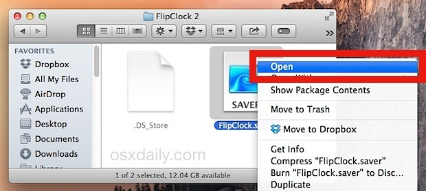 Установите экранную заставку в Mac OS X с помощью меню «Открыть»