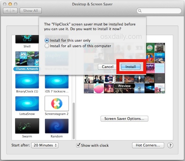 Установка хранителя экрана в Mac OS X
