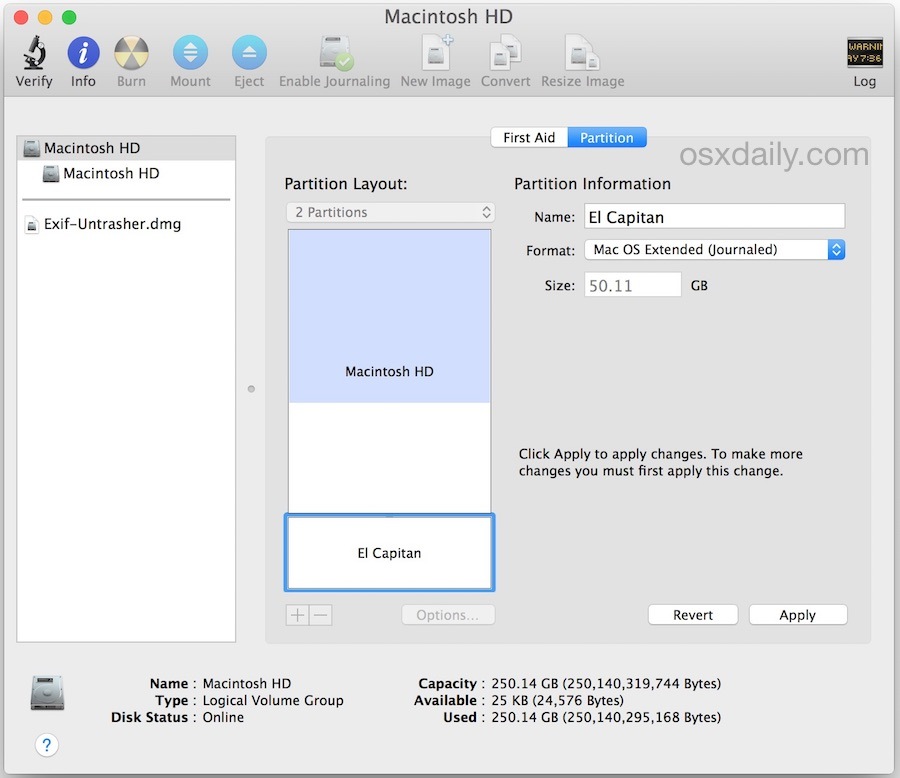 Создайте раздел для OS X El Capitan двойной загрузки на том же жестком диске Mac