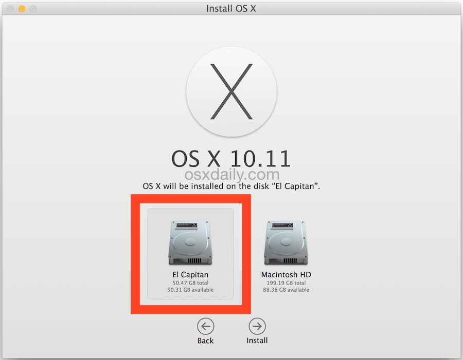 Выберите целевой диск для установки OS X El Capitan на Mac