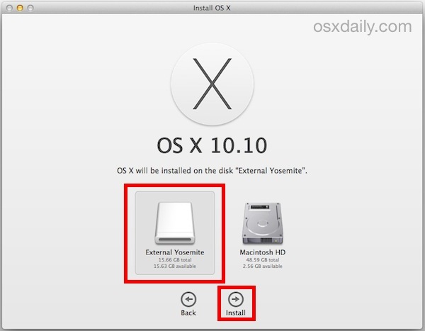 Выберите внешний накопитель для установки OS X Yosemite на