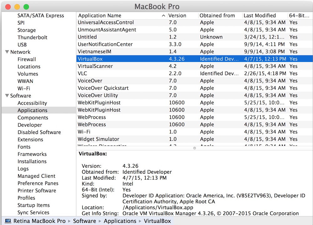 Список всех приложений на Mac, как видно из системной информации OS X