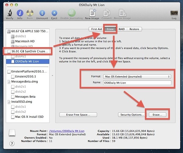 Форматировать диск как загрузочный для Mac OS X Mountain Lion