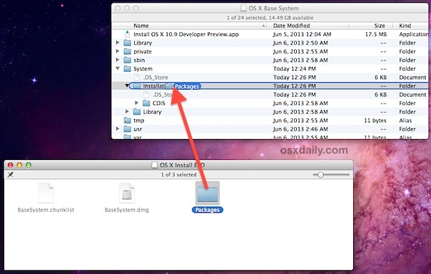 OS X Mavericks завершает установку Boot Install, копируя папку Packages