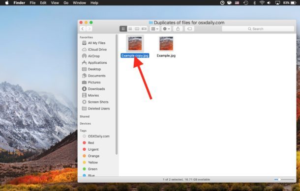 Двойной файл появляется в том же каталоге на Mac с суффиксом имени копии