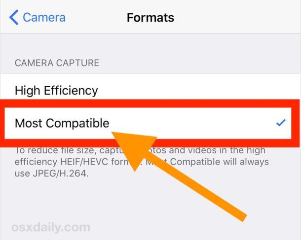 Измените формат изображения камеры iPhone по умолчанию на JPEG