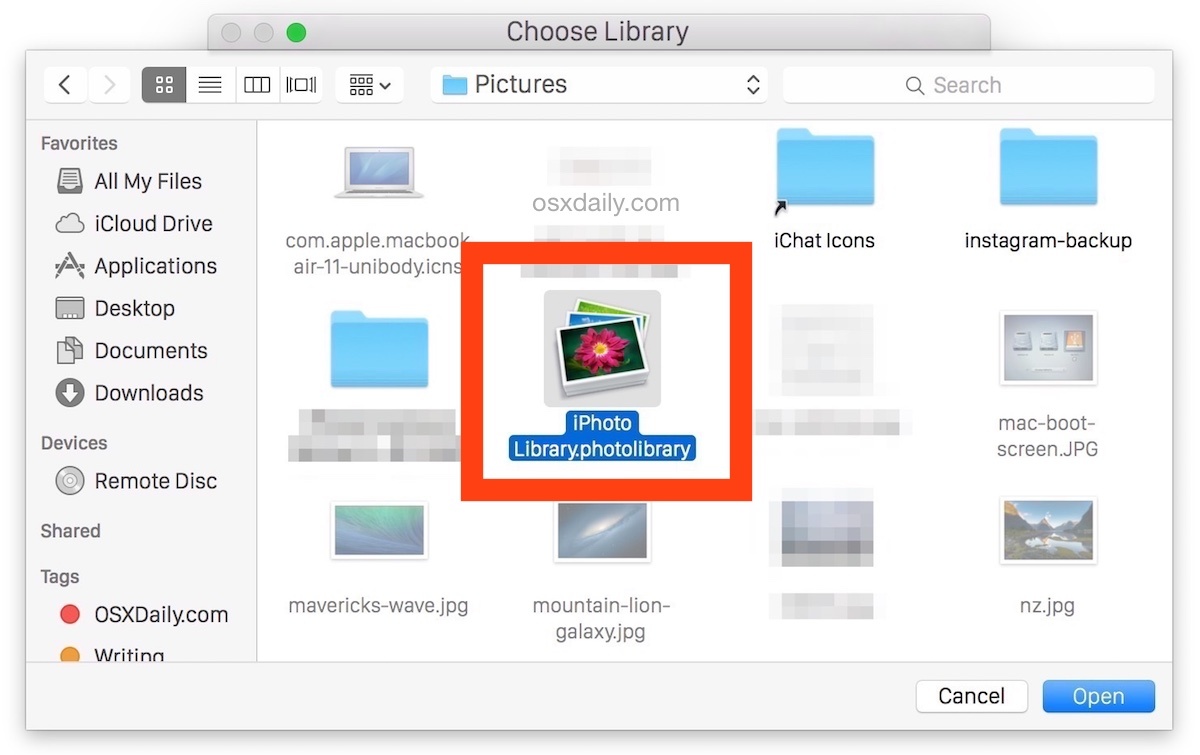 Выбор библиотеки iPhoto для перехода в приложение «Фотографии» Mac OS X