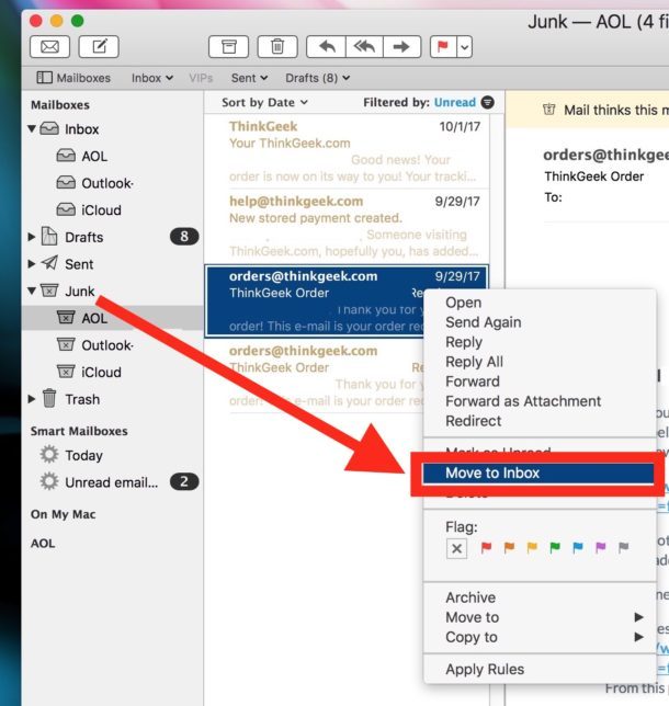 Перемещение электронной почты в папку «Входящие» с нежелательной почты в Mail для Mac