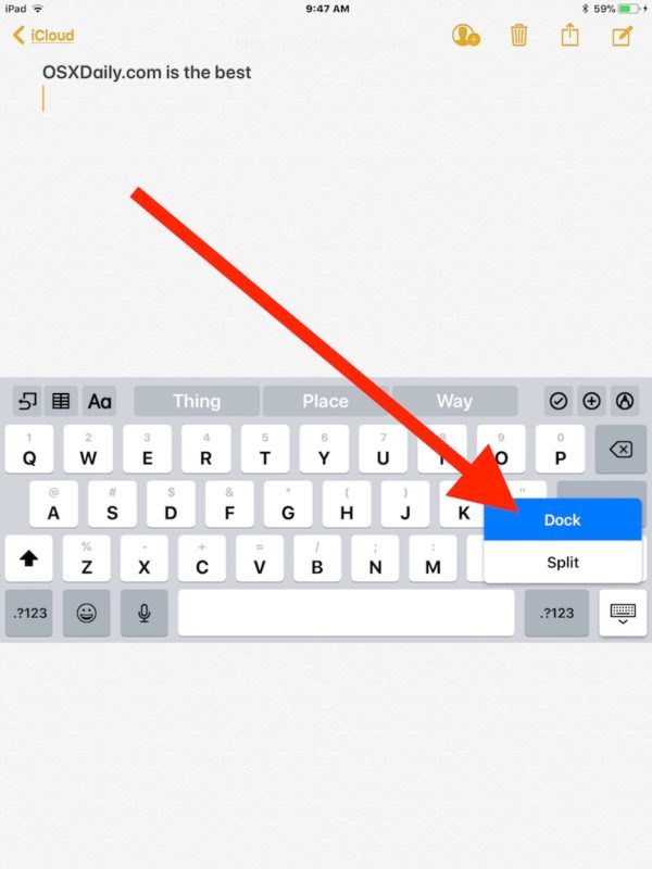Как переместить клавиатуру iPad обратно в исходное местоположение