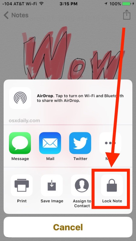 Выберите Lock Note в iOS Sharing