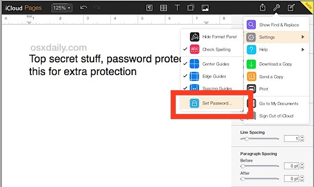 Установите пароль в документе Pages в iCloud