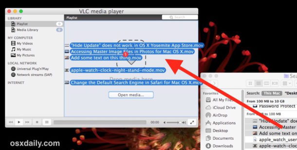 Перетаскивание видео в VLC