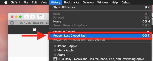 Повторно открыть последнюю закрытую вкладку или окно в Safari на Mac