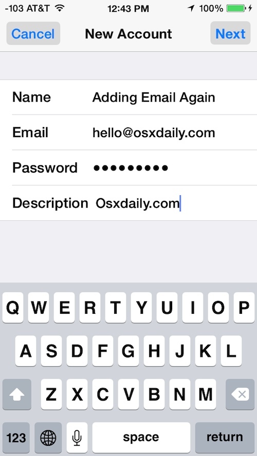 Добавить учетную запись электронной почты в iOS