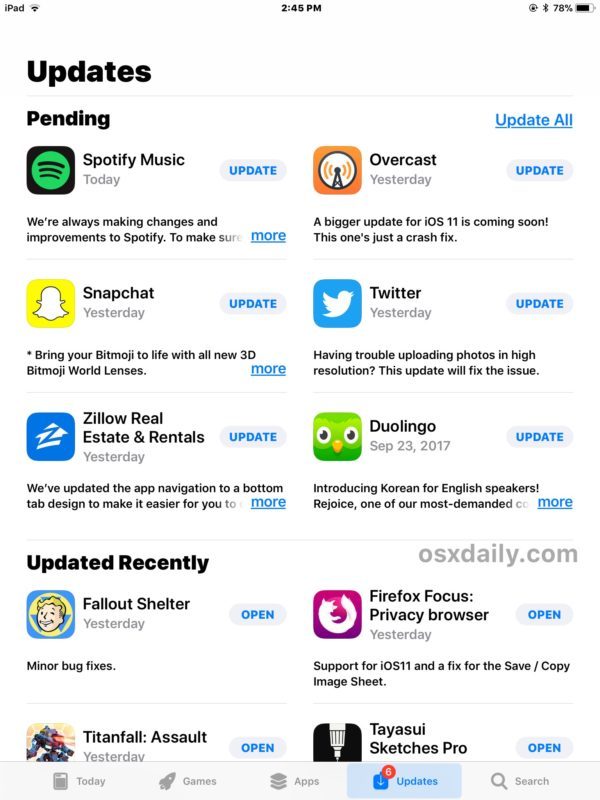 Новые обновления, отображаемые на вкладке «Обновления App Store» после обновления