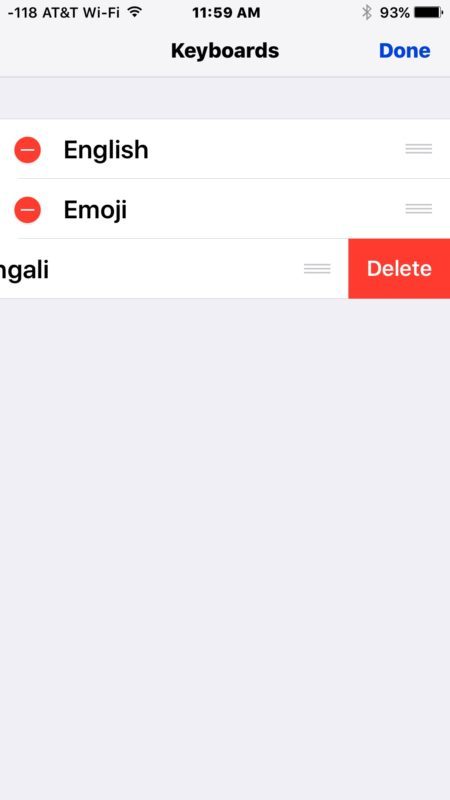 Нажмите на красную кнопку удаления, чтобы удалить клавиатуру в iOS