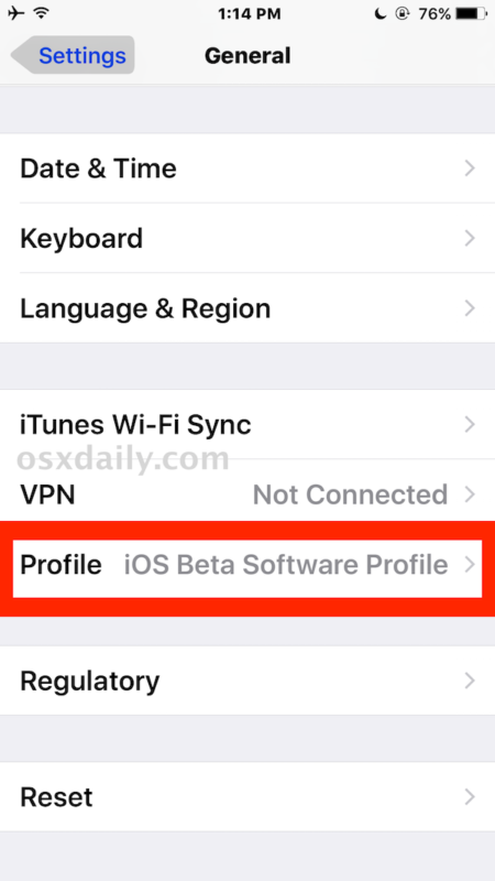 Выберите «Профиль», чтобы удалить сертификат профиля обновления программного обеспечения iOS