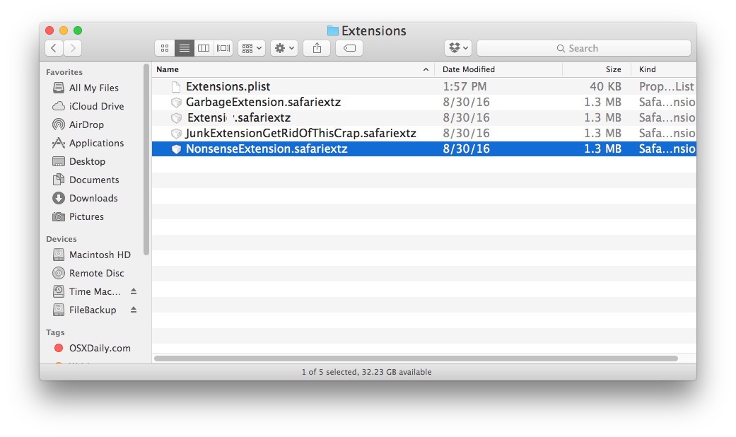 Удаление расширений Safari из местоположения расширений Safari на Mac