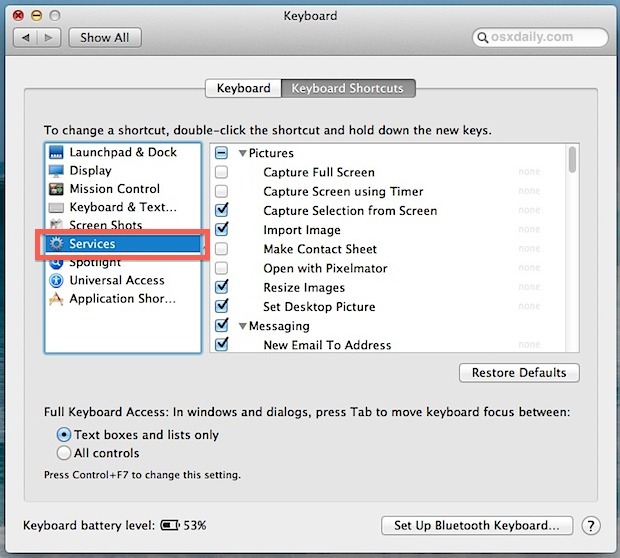 Снимите флажки, чтобы удалить их из контекстного меню «Службы» в Mac OS X
