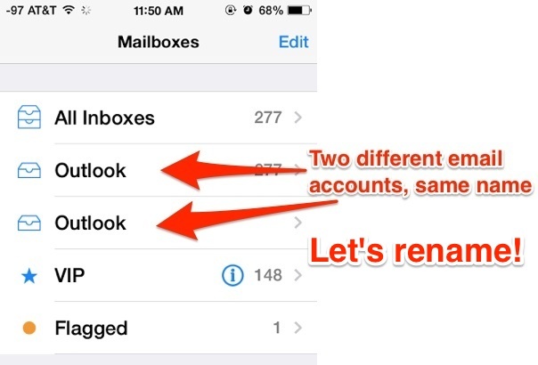 Различные почтовые учетные записи с тем же именем, переименование учетных записей электронной почты в iOS