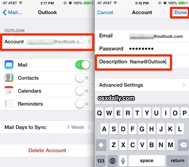 Переименуйте учетную запись iOS Mail в iOS